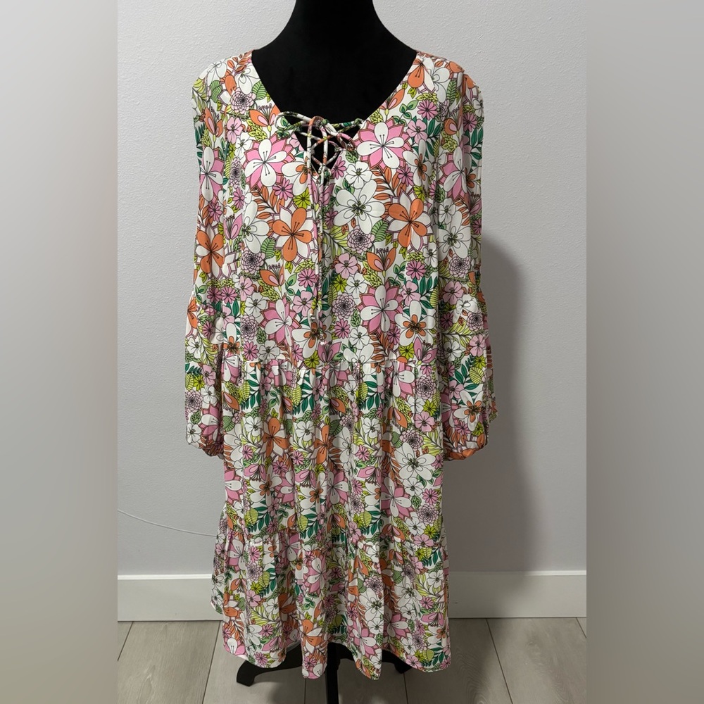 NWT Cece Dress Womens Multicolor Floral Bell Sleeve Tiered Mini#649